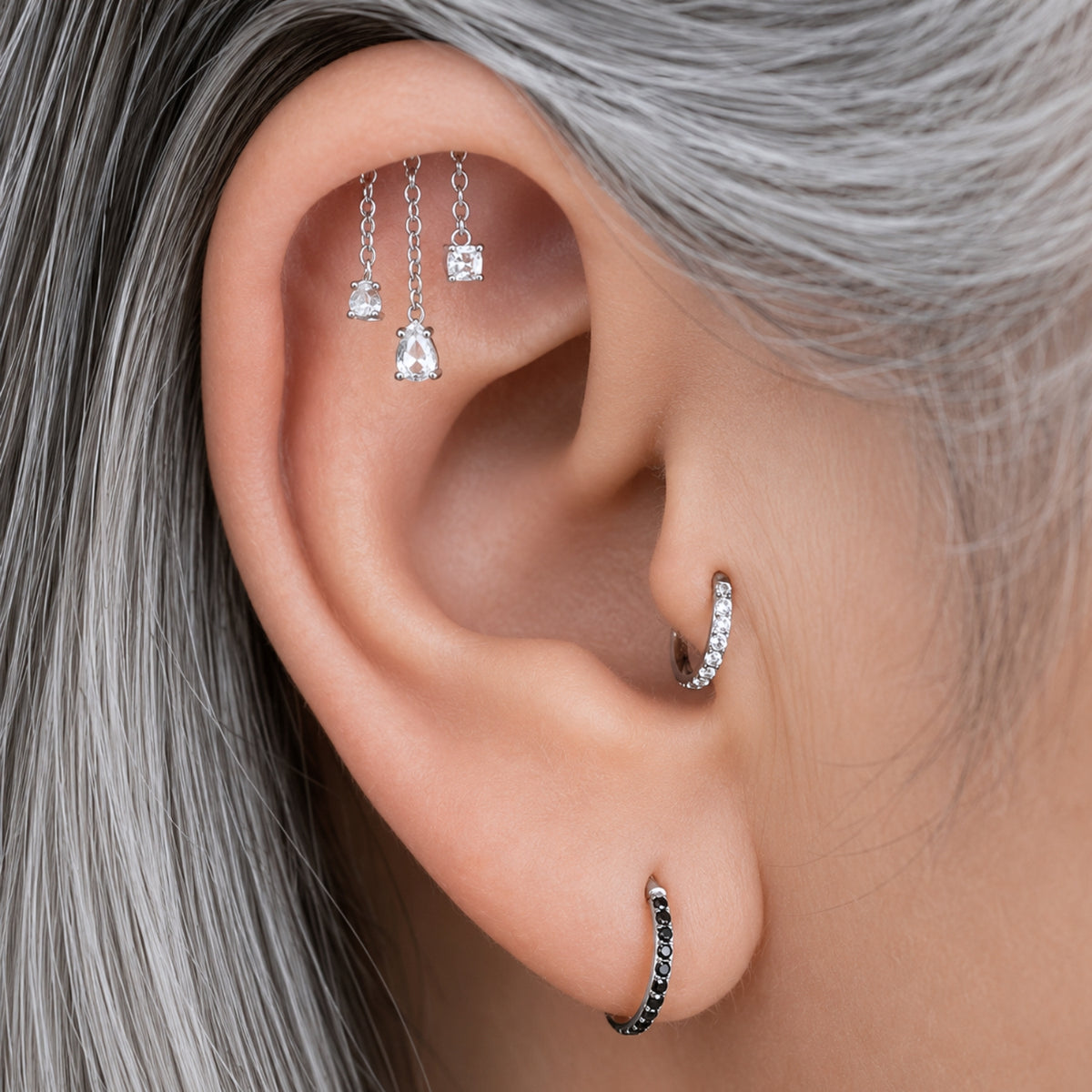 White Topaz Triple Chain Floating or Vertical Helix Earring