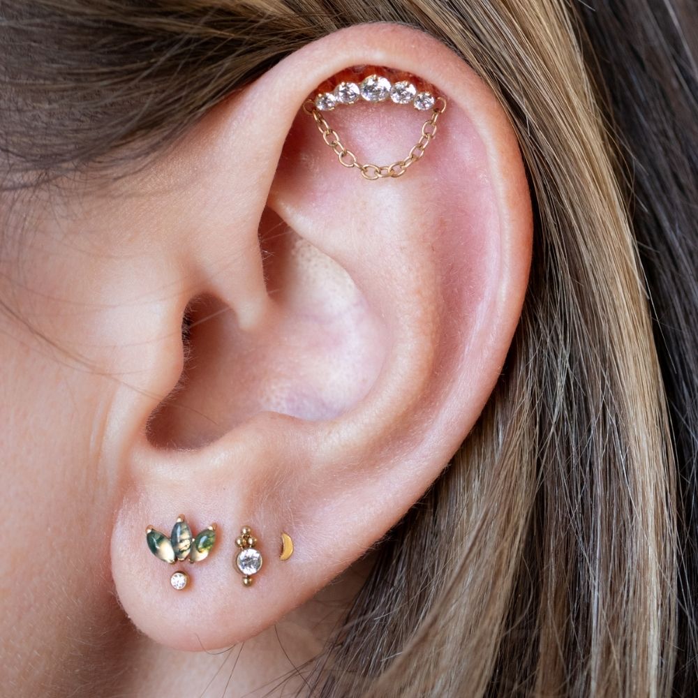 Yellow Gold Threadless Tops Curved Crystal Earring Top With Chain The Curated Lobecartilagefloatingfloating helix