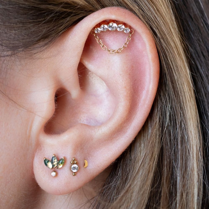 Yellow Gold Threadless Tops Curved Crystal Earring Top With Chain The Curated Lobecartilagefloatingfloating helix