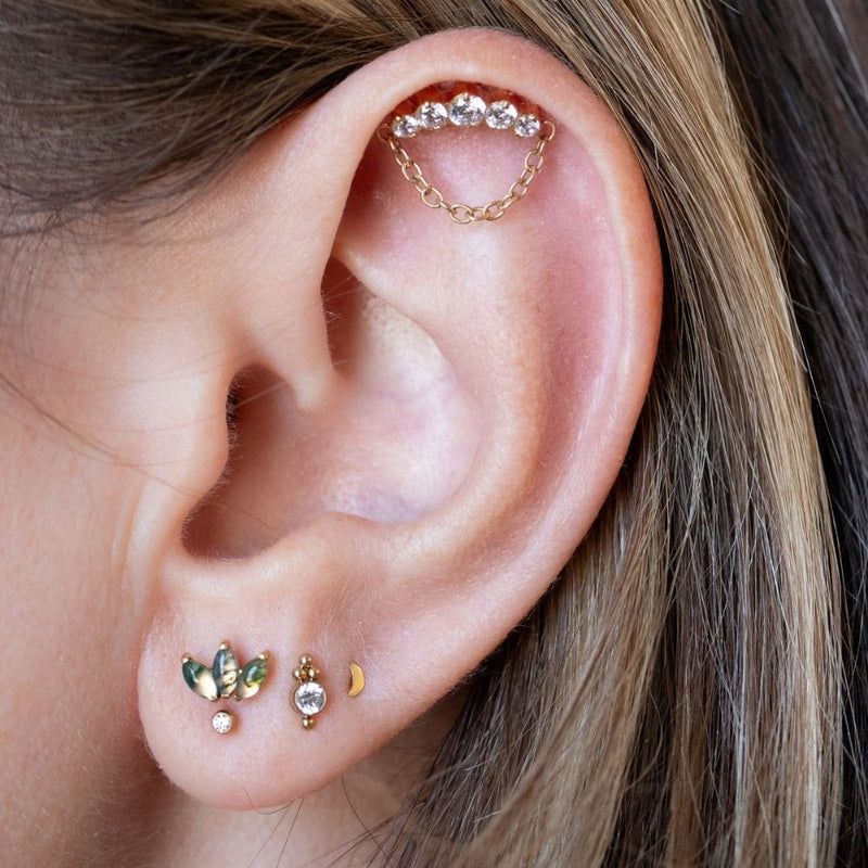 Yellow Gold Threadless Tops Curved Crystal Earring Top With Chain The Curated Lobecartilagefloatingfloating helix