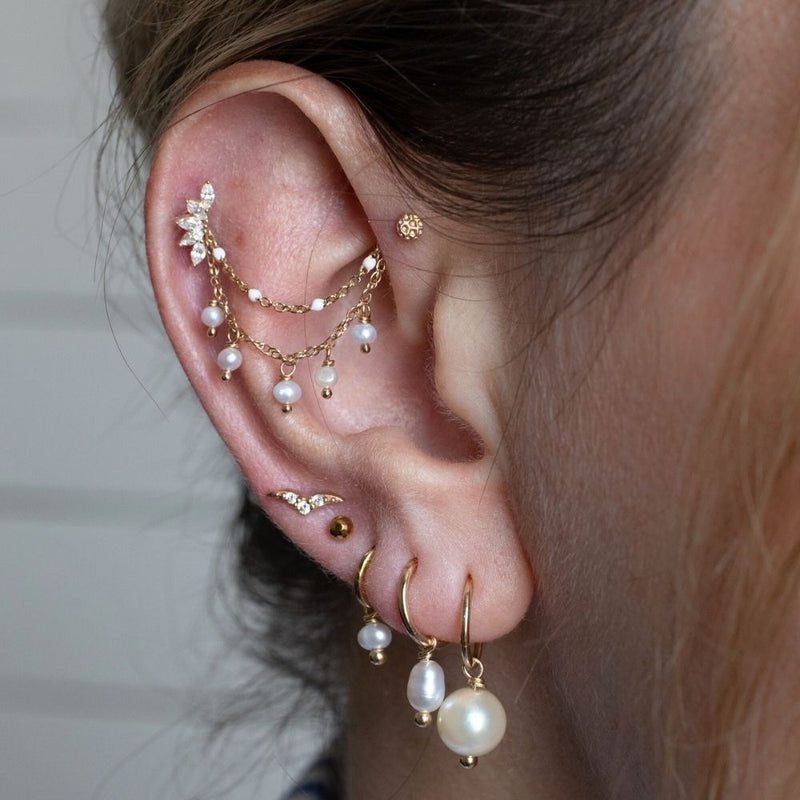 Yellow Gold Chains Connectors & Ear Jackets Double Pearl and White Enamel Chain Connector The Curated Lobe14k goldcartilagechain connector