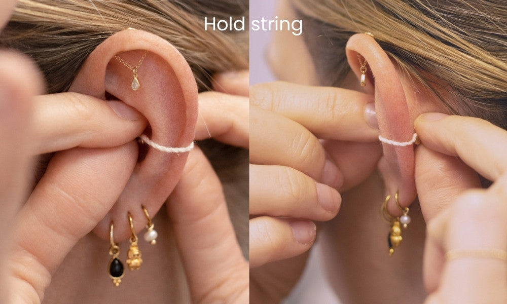 how to measure ear piercing chain with string
marking ear piercing chain length
measuring ear chain length with ruler
helix chain measurement guide
conch chain measurement tutorial