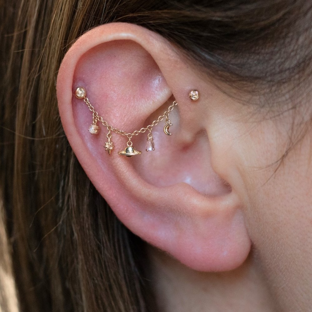 White Gold Chains Connectors & Ear Jackets Moonstone Celestial Chain Connector The Curated Lobe14k goldcartilagecelestial