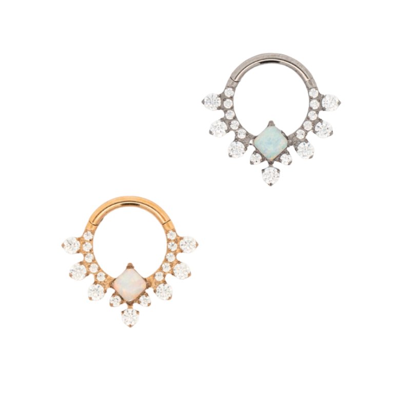 Yellow Gold Hoops Opal and Crystal Daith Clicker Hoop The Curated Lobedaithdaith clickerhoops