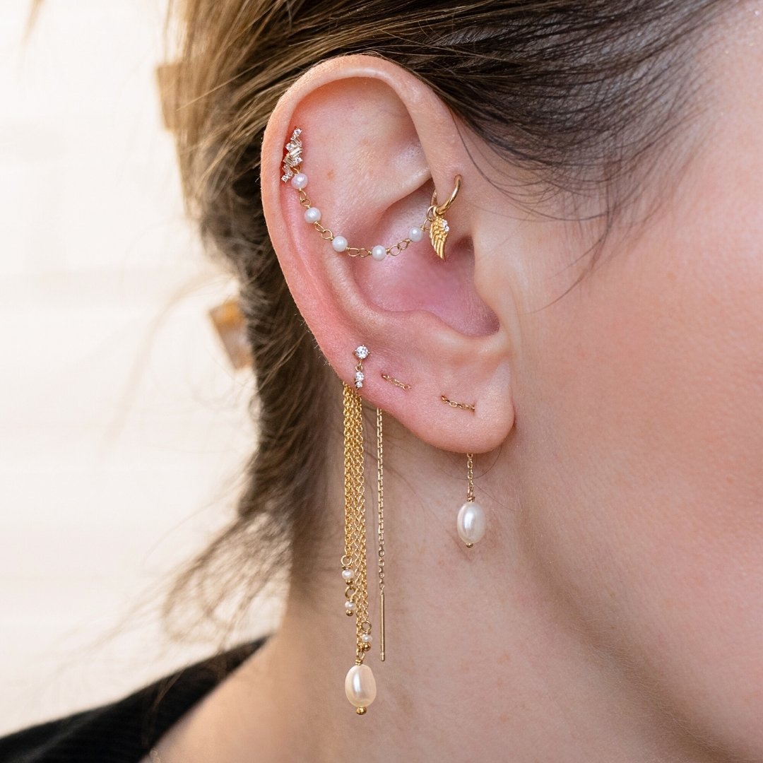 Yellow Gold Earrings Pearl Threader Earring The Curated Lobelobepearl threaderthreader