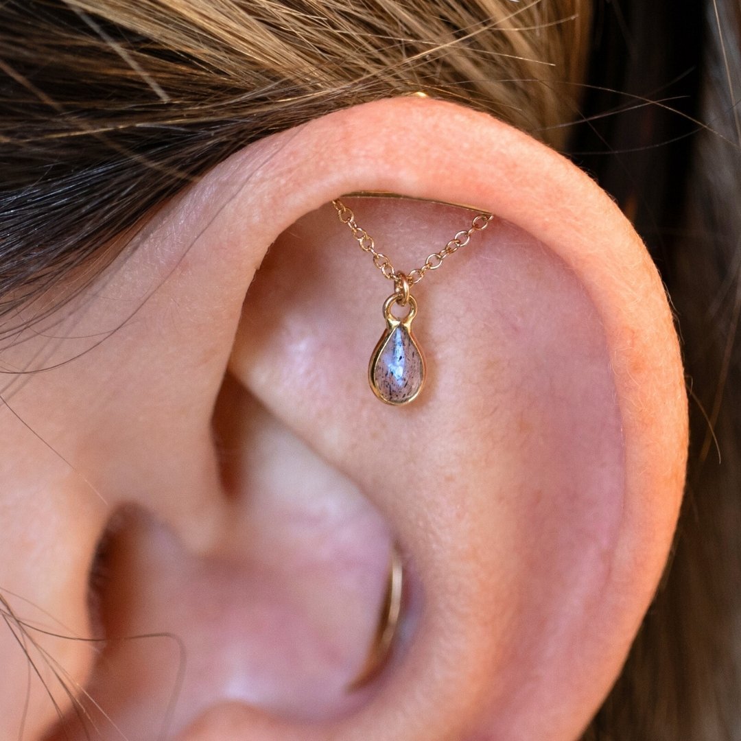 Yellow Gold Studs Teardrop Gemstone Floating Helix Earring The Curated Lobe14k goldblue topazcartilage