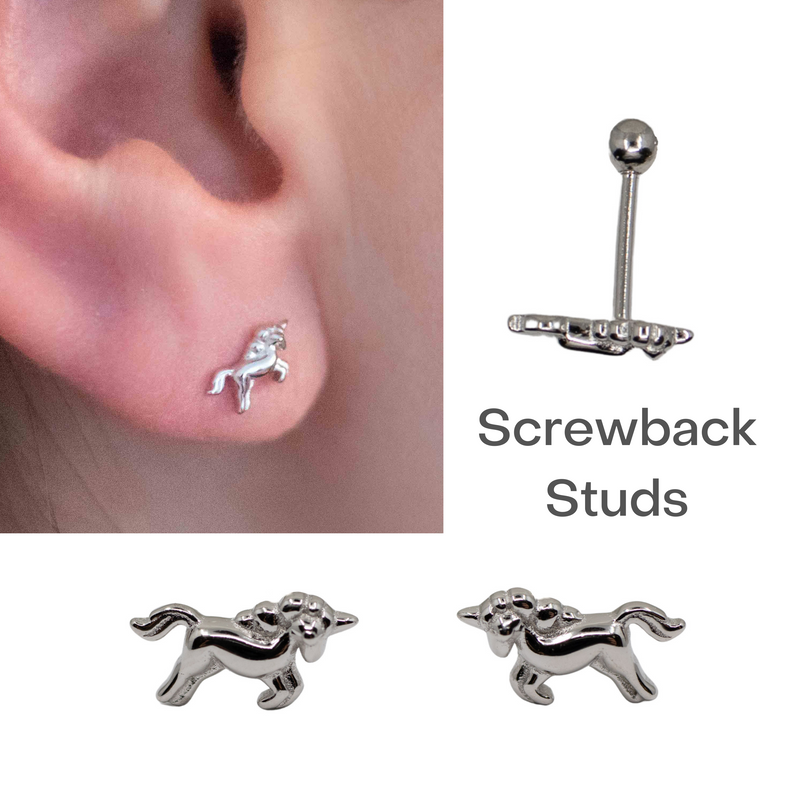 White Gold Stud Earrings - Screw Back Unicorn