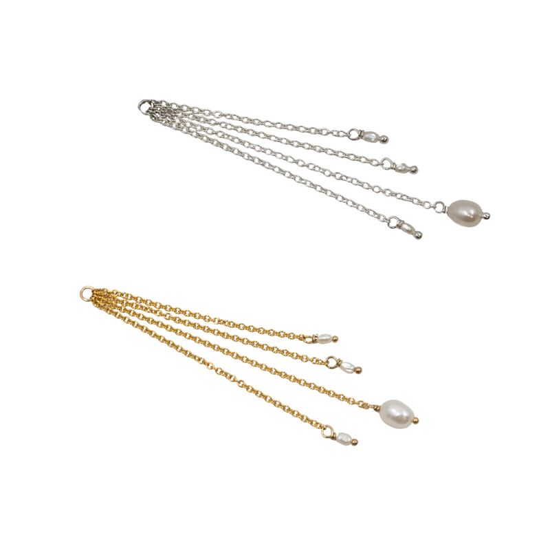 Gold Pearl Quad Dangle Long Tassel Charm - Conch Chain
