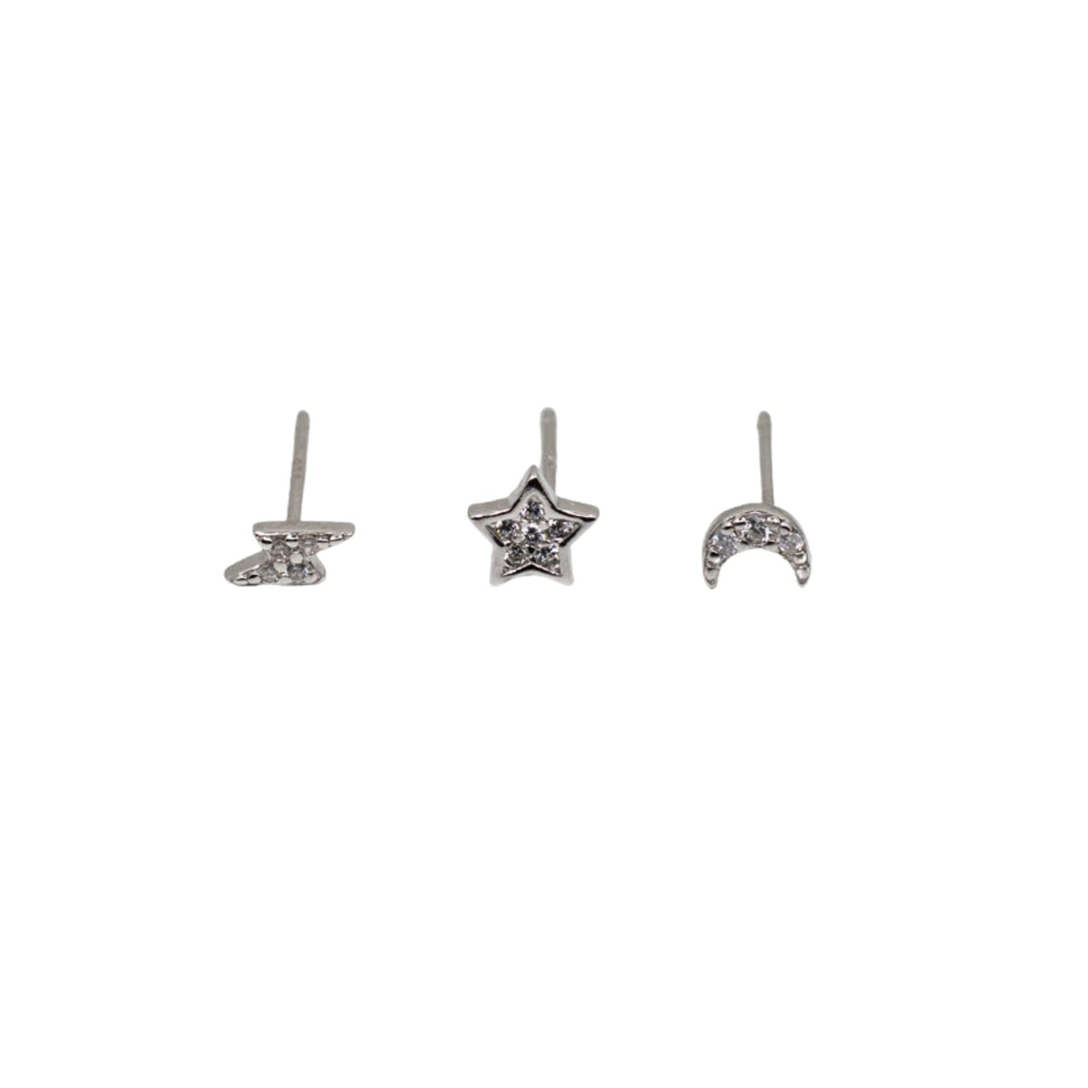Silver Studs Celestial Earring Set - Set of 3 The Curated LobeGold Celestial Stud EarringsGold Crescent Moon StudsGold Lightning Studs