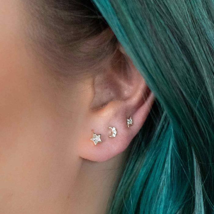 Yellow Gold Studs Celestial Earring Set - Set of 3 The Curated LobeGold Celestial Stud EarringsGold Crescent Moon StudsGold Lightning Studs