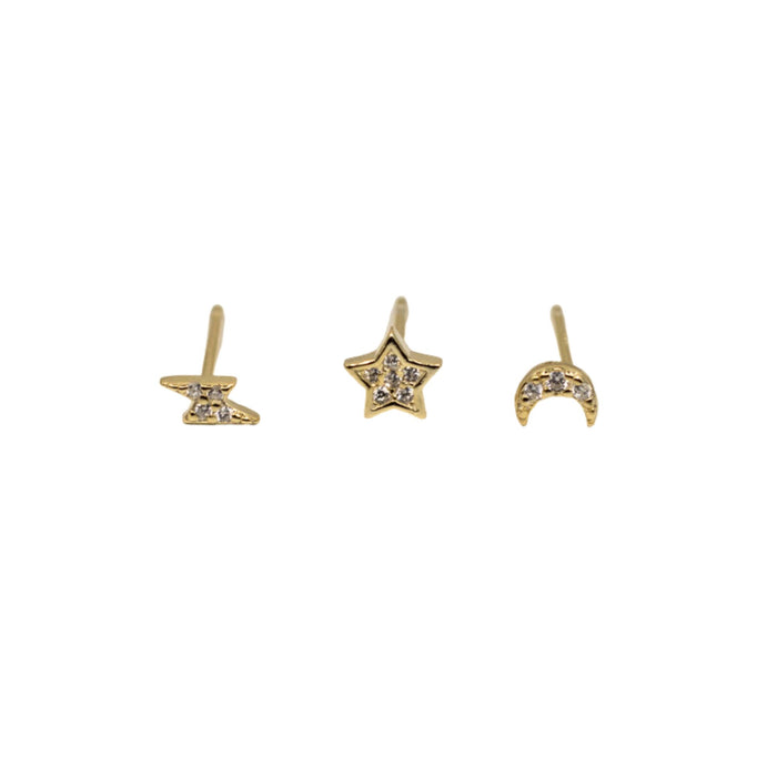 Yellow Gold Studs Celestial Earring Set - Set of 3 The Curated LobeGold Celestial Stud EarringsGold Crescent Moon StudsGold Lightning Studs