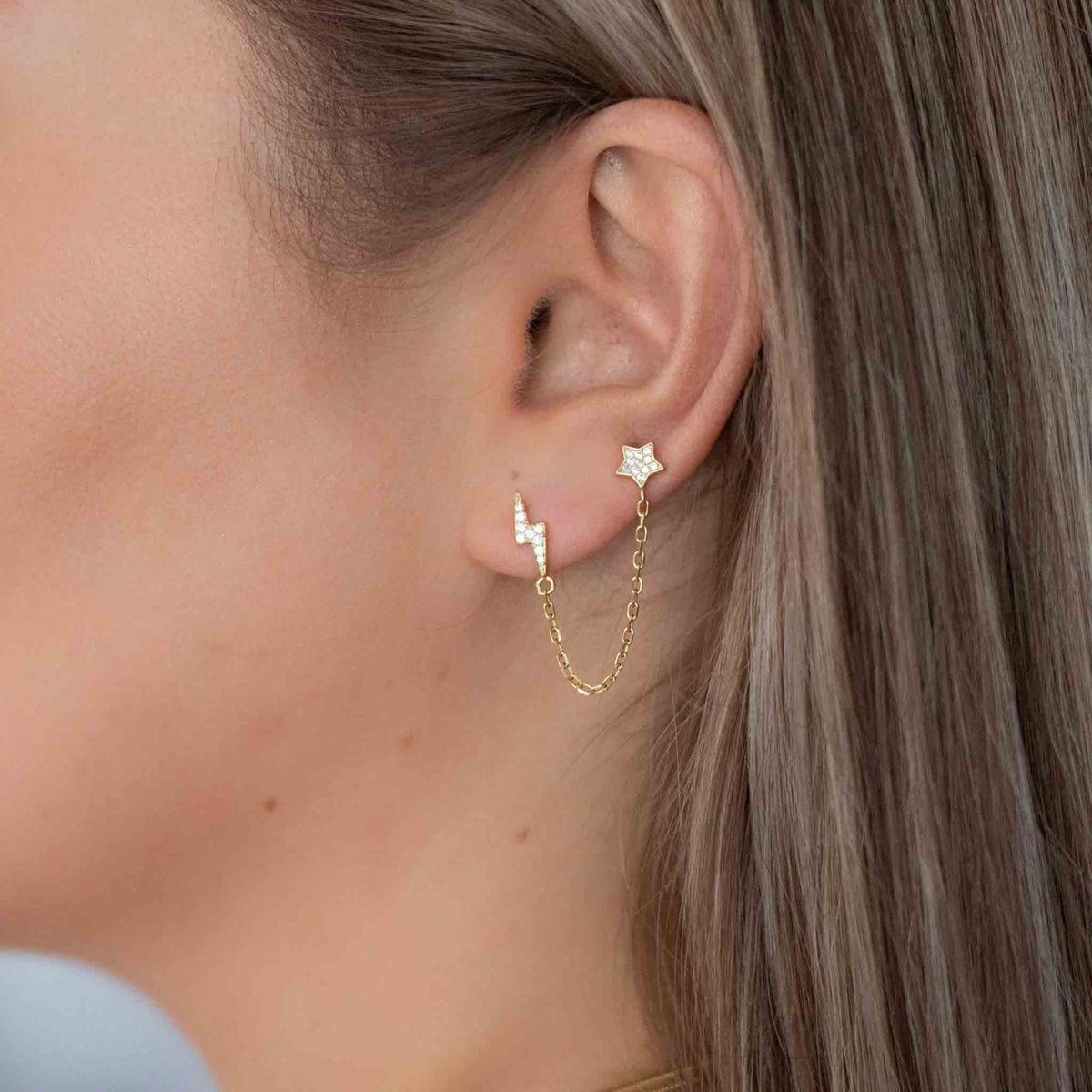 Yellow Gold Studs Connected Bolt and Star Stud Earrings The Curated Lobe