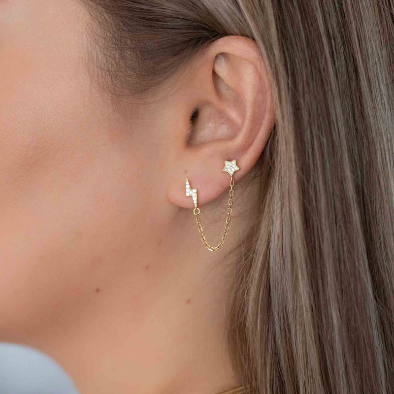 Yellow Gold Studs Connected Bolt and Star Stud Earrings The Curated LobeChain Earringsgold vermeilLightning Bolt Earrings