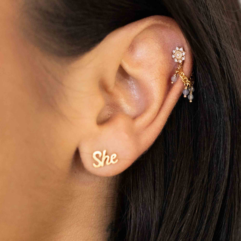 Yellow Gold Studs Filigree Crystal Flower Earring The Curated Lobe
