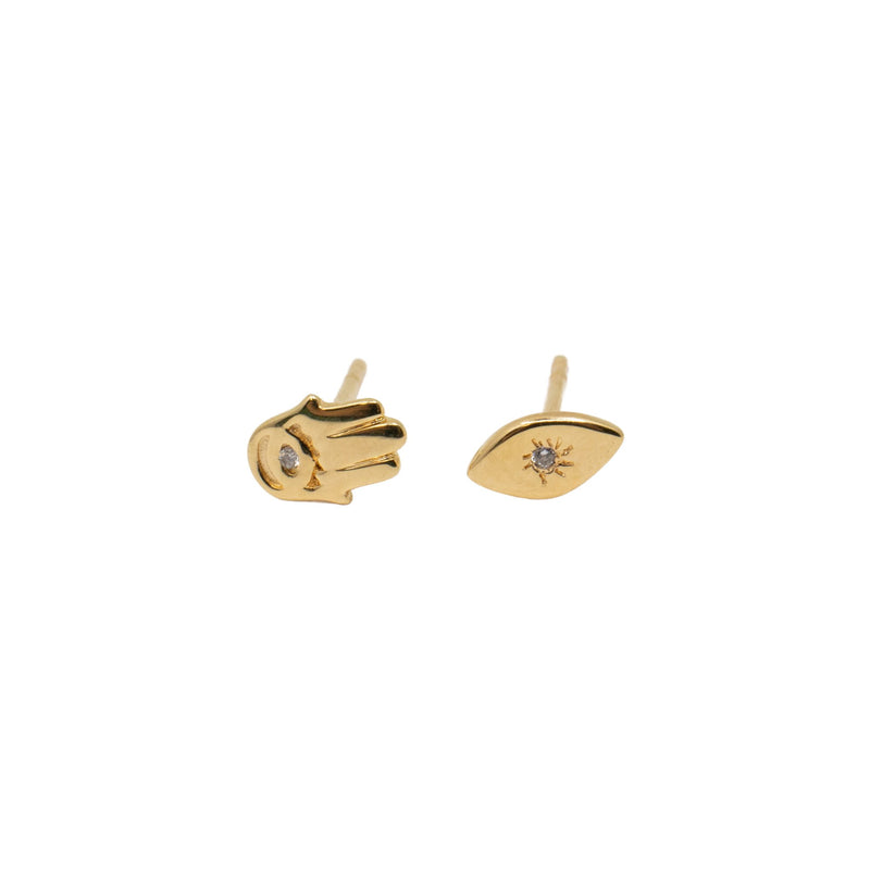 Yellow Gold Studs Hamsa + Evil Eye Earring Set The Curated Lobeevil eyegold vermeillobe