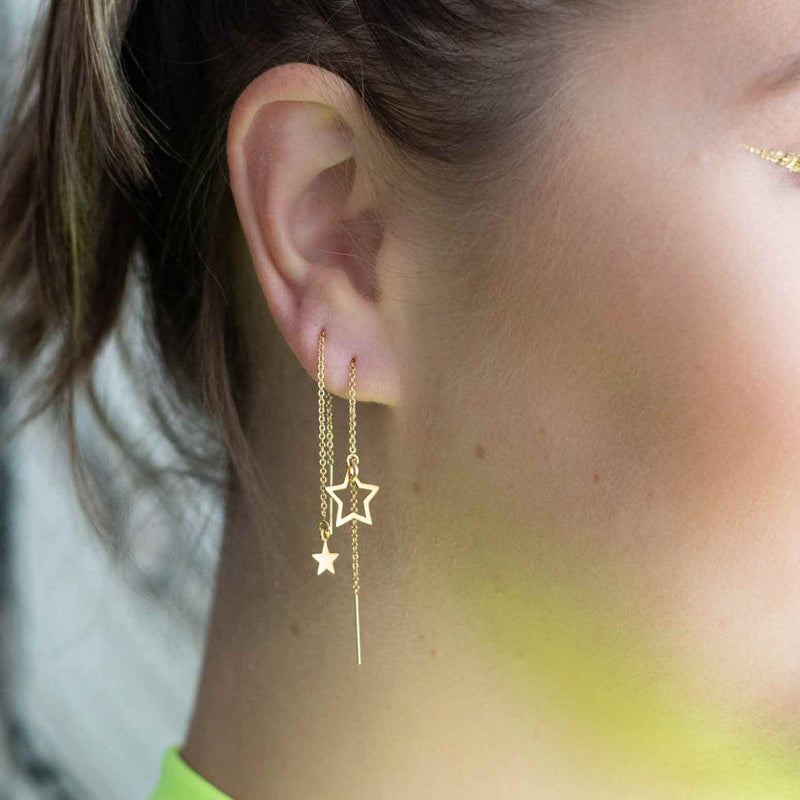 Yellow Gold Threaders Star Duo Chain Threader Earring The Curated Lobecartilagegold chain earringsgold chain threaders